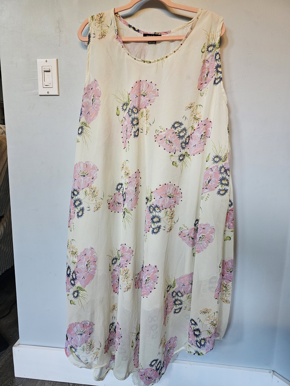 Ana & Rose Cream Pink Floral Rhinestone Swing Dress One Size Plus FLAW READ DESC